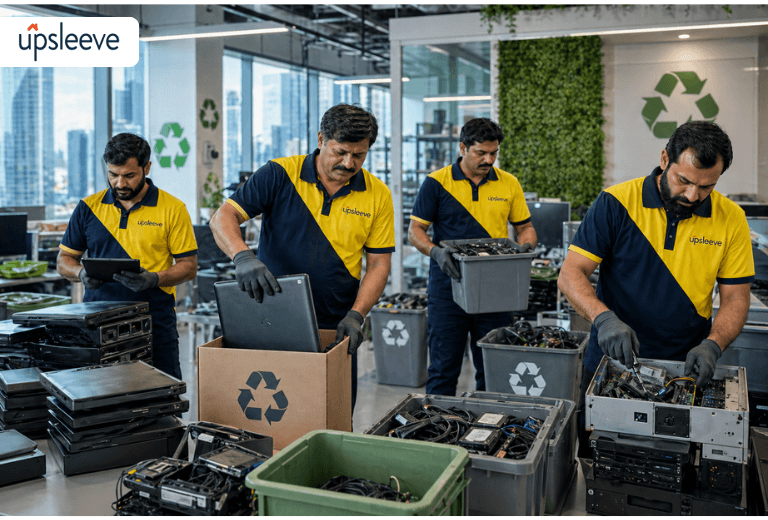 IT equipment disposal and recycling process showing safe handling of electronic waste, computers, servers, and office IT assets for eco-friendly recycling