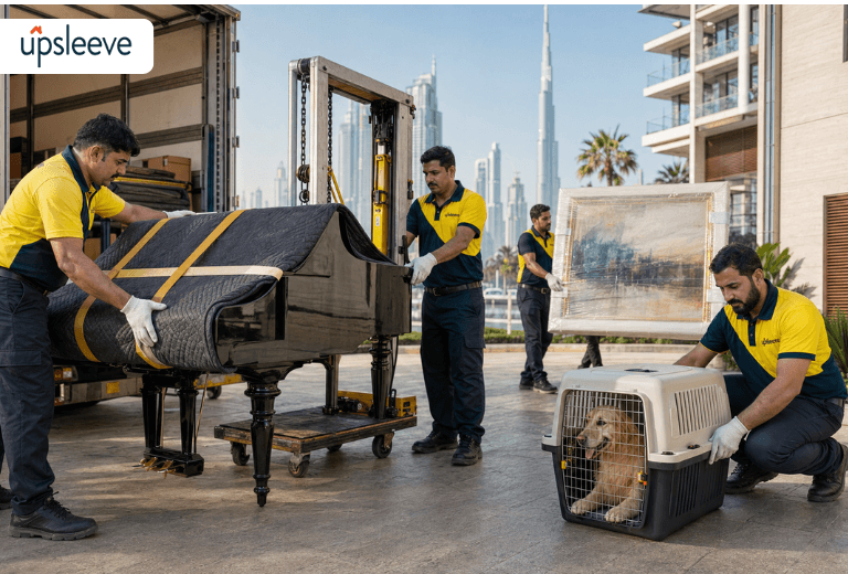 Pet relocation compliance in the UAE showing safe and legal transport of pets with proper documentation, vaccination records, and travel crates