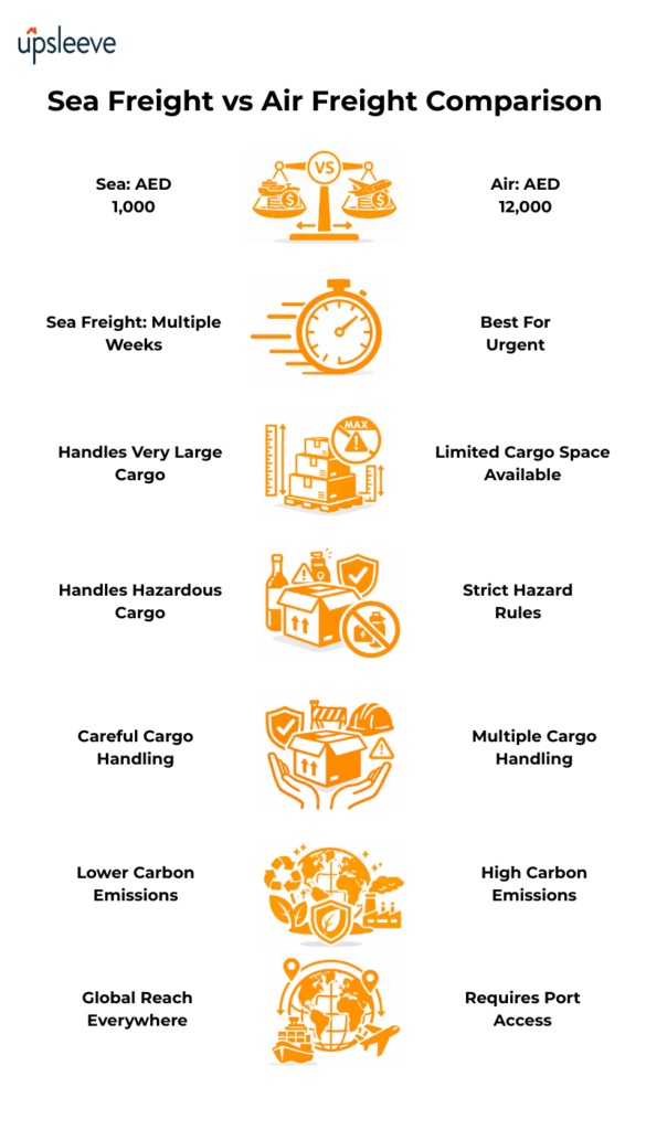 Sea Freight vs Air Freight Difference Infographic Comparing Cost, Speed, Capacity, and International Shipping Methods